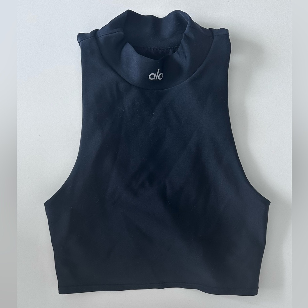Alo Yoga High Neck Crop Tank Top Black Cutout Back